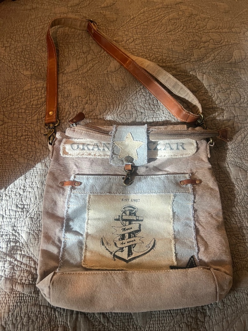 Myra Bag Canvas Hobo in Beige and Brown with Anchor Graphic